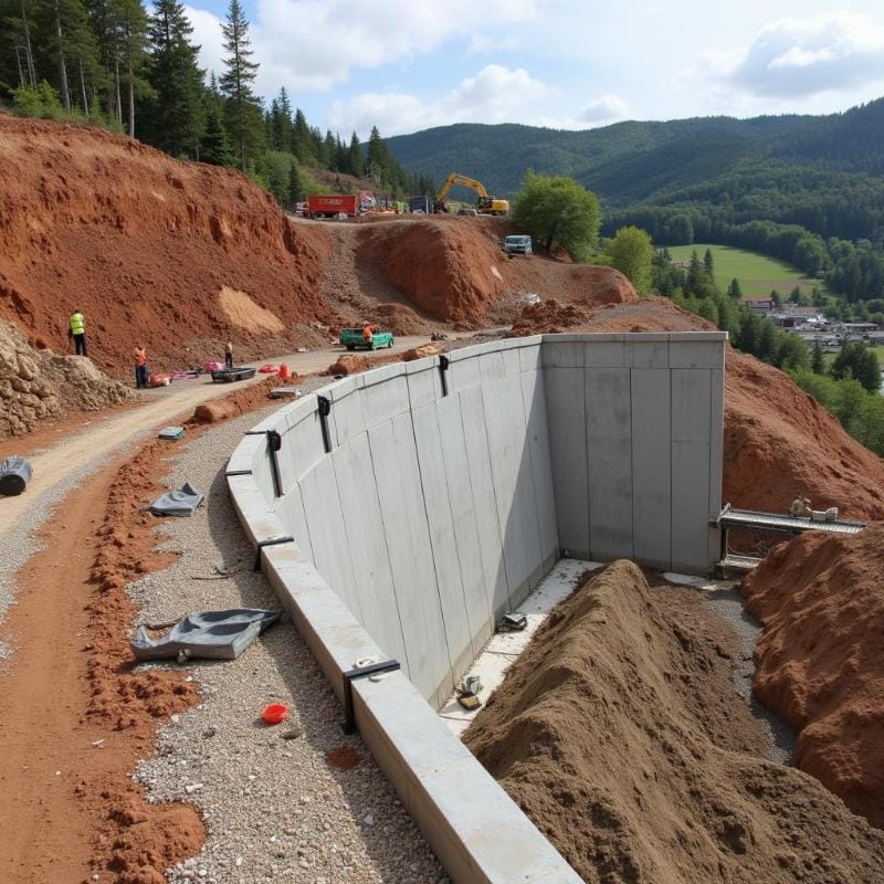 Gia cố mái dốc bằng địa kỹ thuật, sử dụng các vật liệu như địa lưới (geogrid) hoặc địa vải (geotextile), giúp tăng cường sự ổn định và ngăn ngừa sạt lở cho các khu vực có độ dốc lớn, rất quan trọng trong xây dựng đường cao tốc và các công trình hạ tầng.